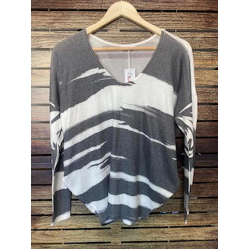 ENTI Gray and White Abstract Print V-Neck Sweater